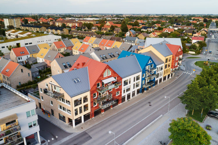 Allmännyttan och blandningspolitikens praktik. Bild på bostadskvarter i Skåne.